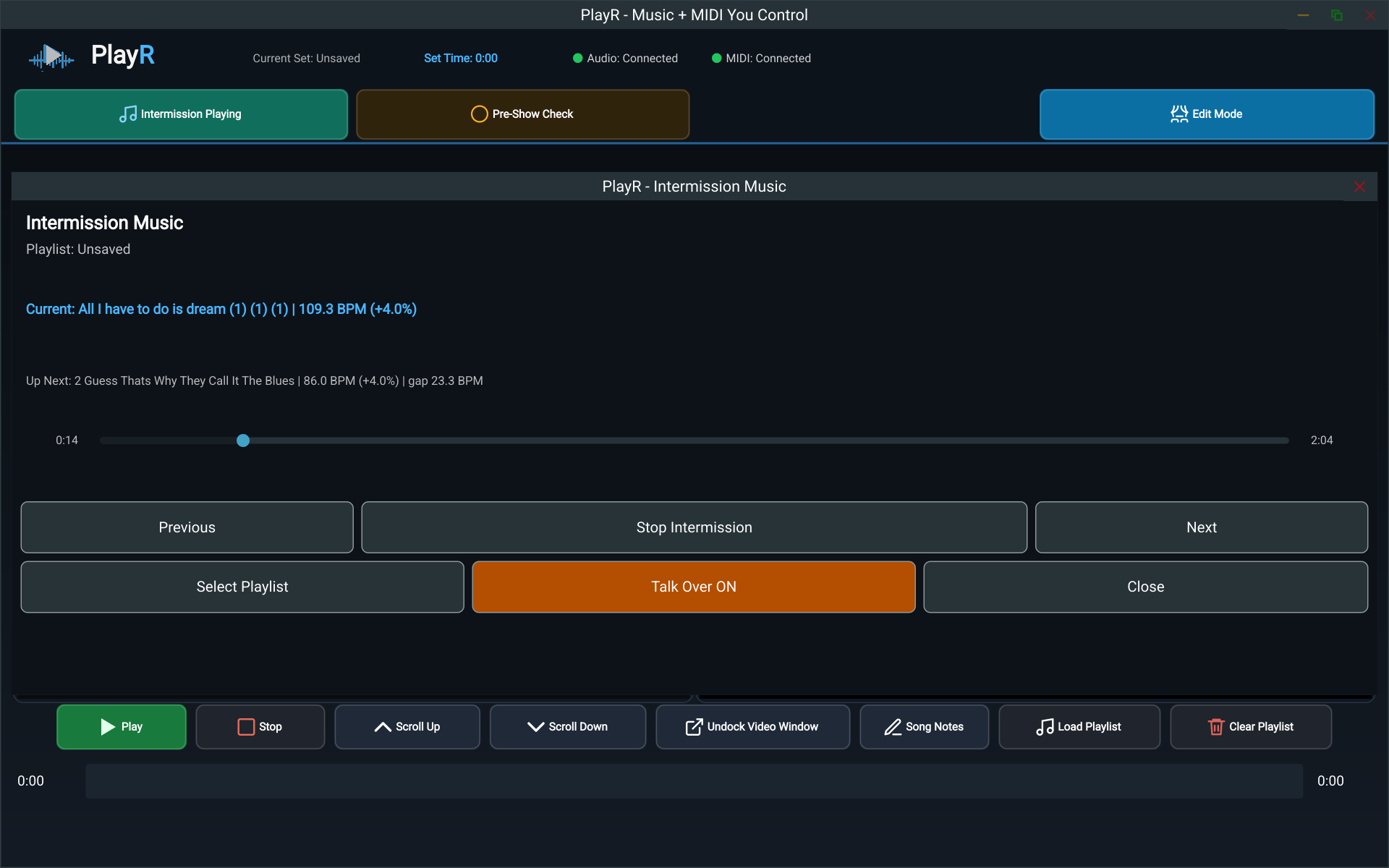 PlayR Intermission Music live view with Talk Over enabled