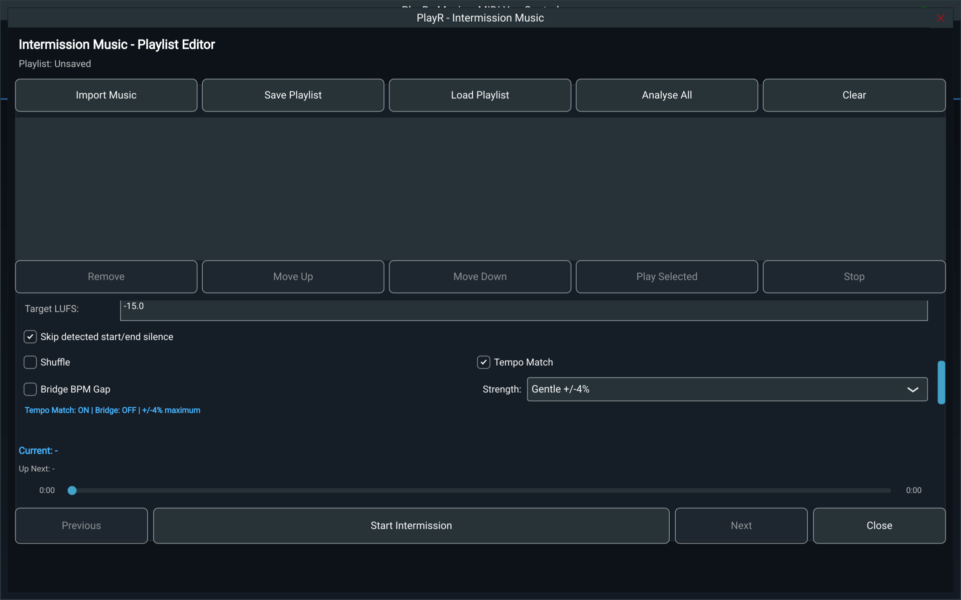 Intermission tempo matching settings