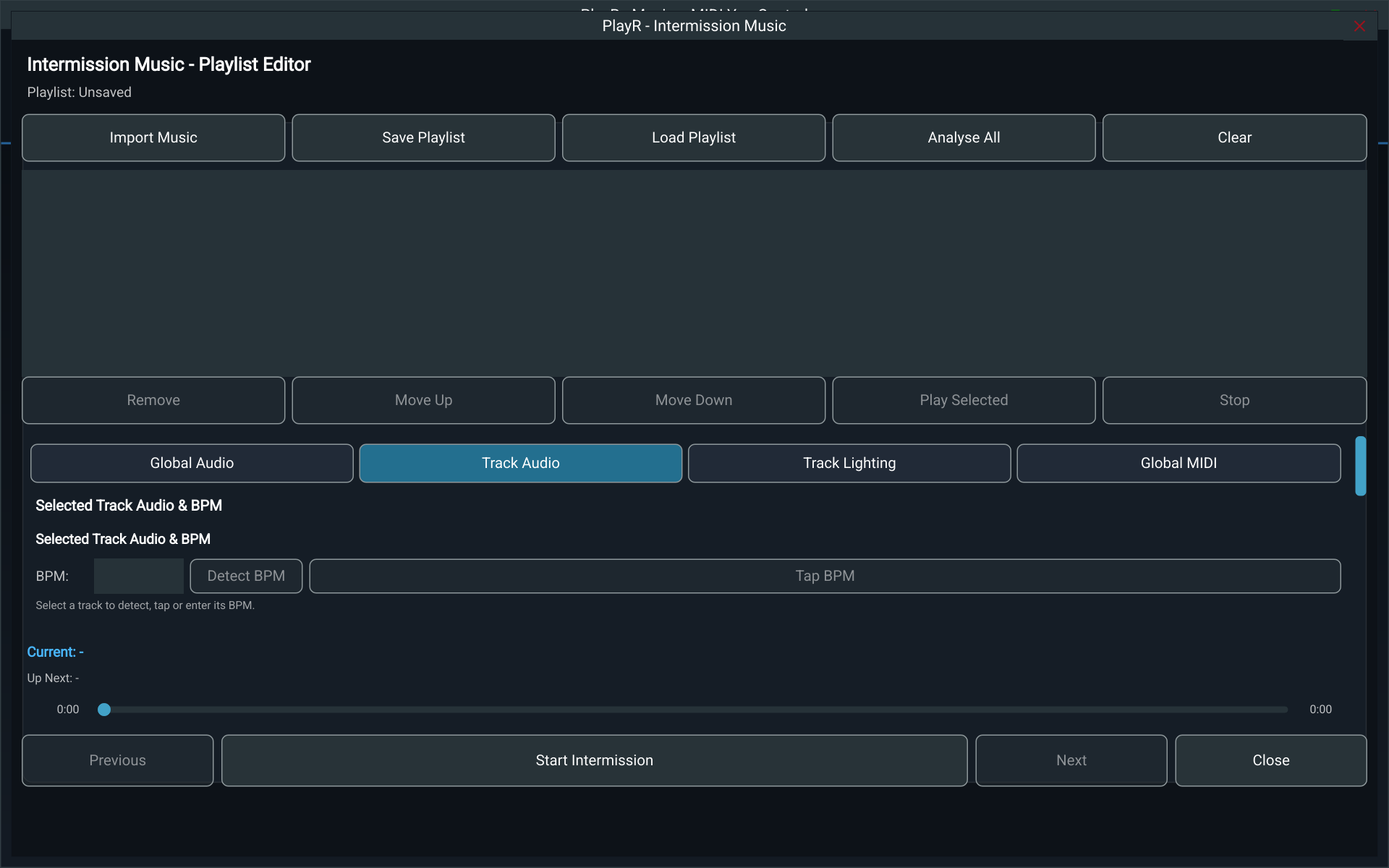 Intermission track audio and BPM controls